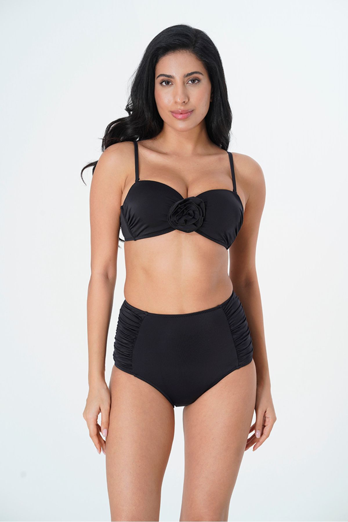Sunsurf 2025 Kreasyonu Siyah, Düz, Çiçekli, Yüksek Bel Bikini Takımı