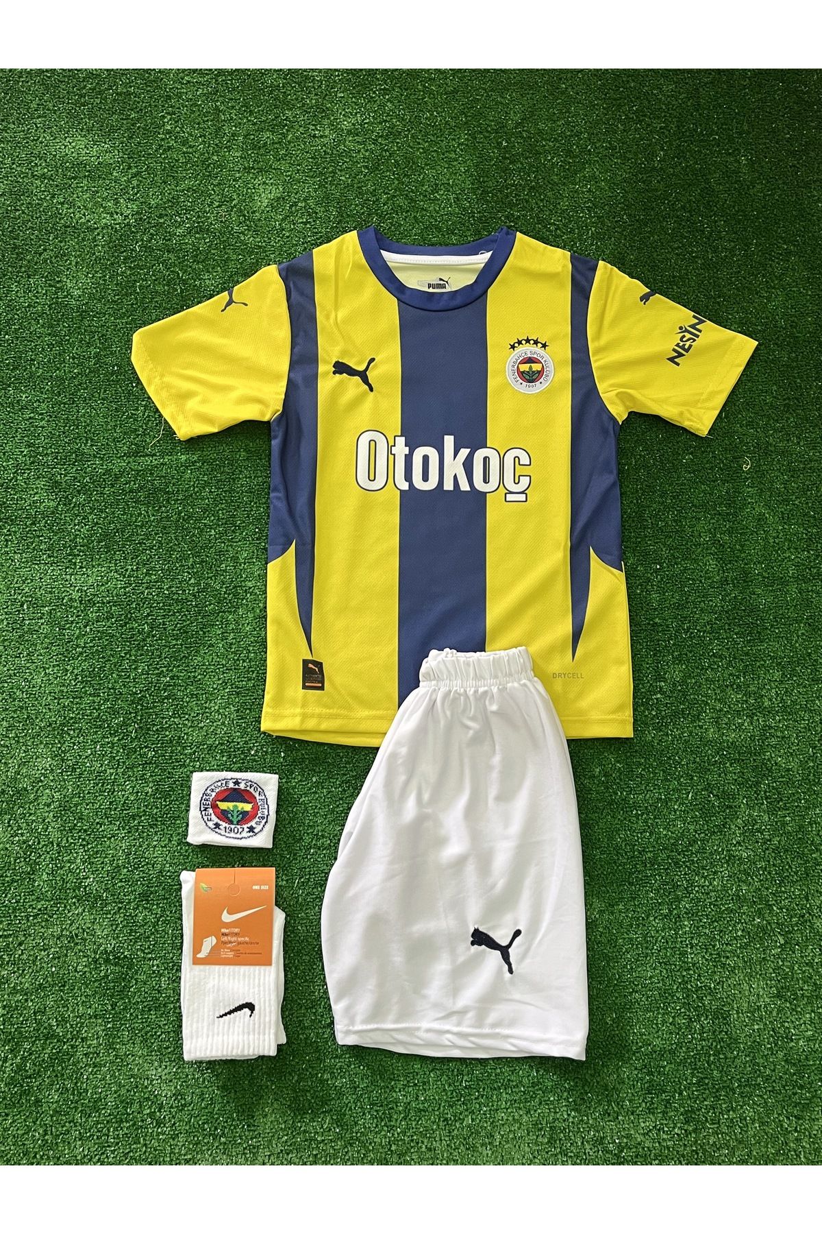 Nevruz 4'lü Set Fe.ner.bah'çe Sarı Lacivert İç Saha Arkası Boş İsimsiz Çocuk Forma Şort Bileklik Çorap