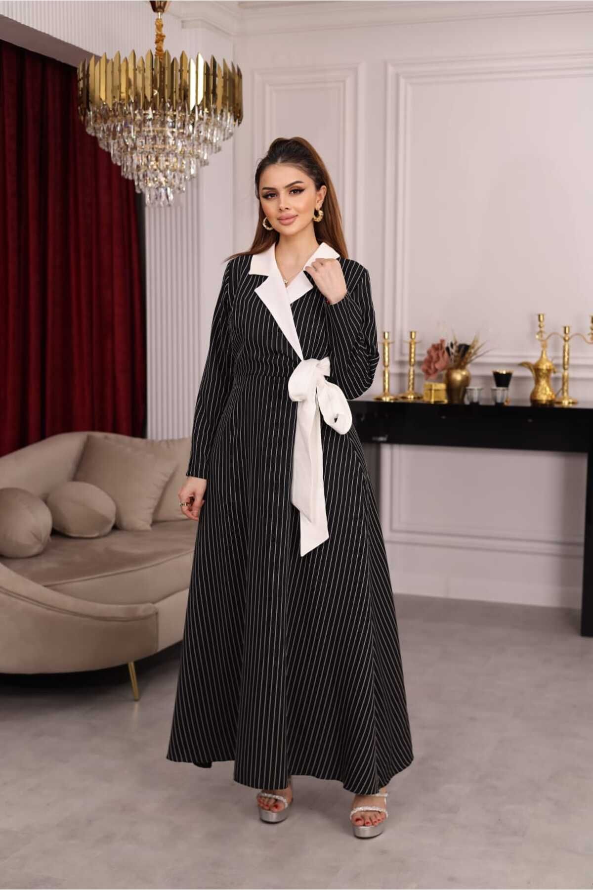 newmisal GARNİLİ YAKA ÇİZGİLİ ELBİSE