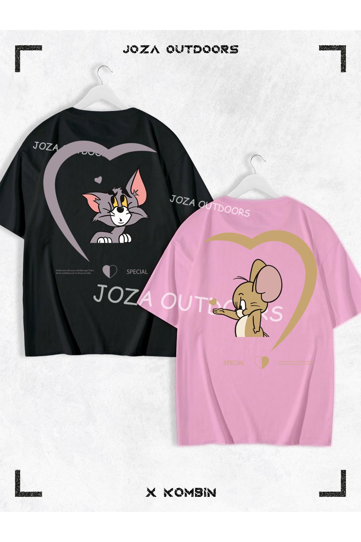 Joza Outdoors Kadın Erkek Kalp Tom ve Jerry SIRT Baskılı Sevgili Çift Kombini Oversize Renkli Tshirt 2'li Takım