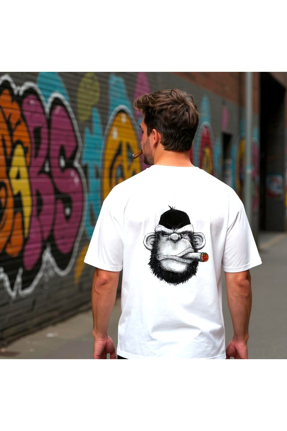 Windy Island Erkek Bisiklet Yaka Beyaz Sırt ve Ön Goril Baskılı Oversize T-shirt