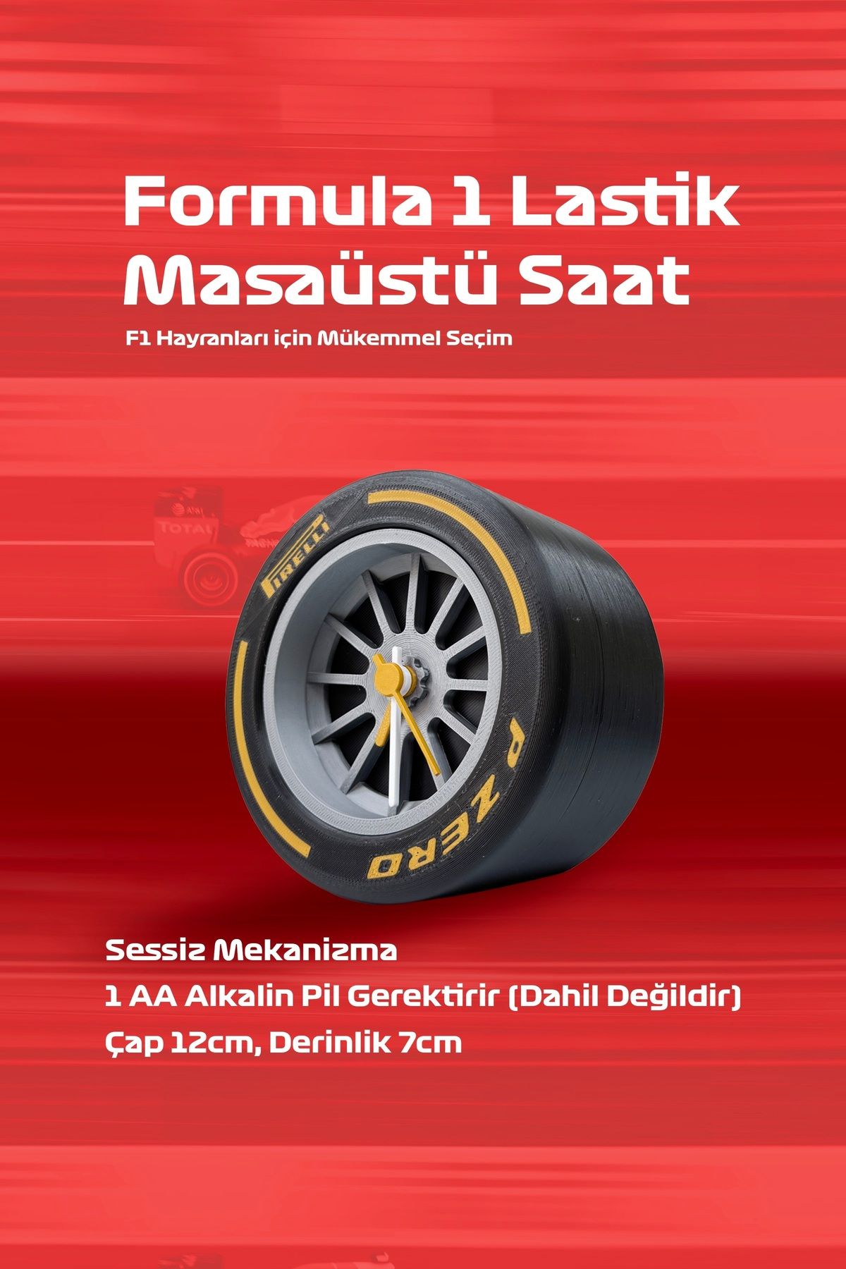Hediyenn Formula 1 Lastik Tasarımlı Sessiz Masaüstü Saat | 3D Baskı Masaüstü Saat | 12x12 cm