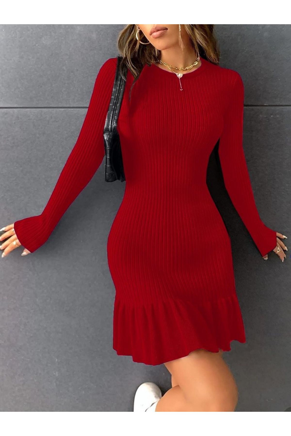 ETİLER COLLECTION Kadın Bisiklet Yaka Uzun Kol Etek Ucu Fırfırlı Triko (polyenit) Yılbaşı özel Mini Boy Elbise