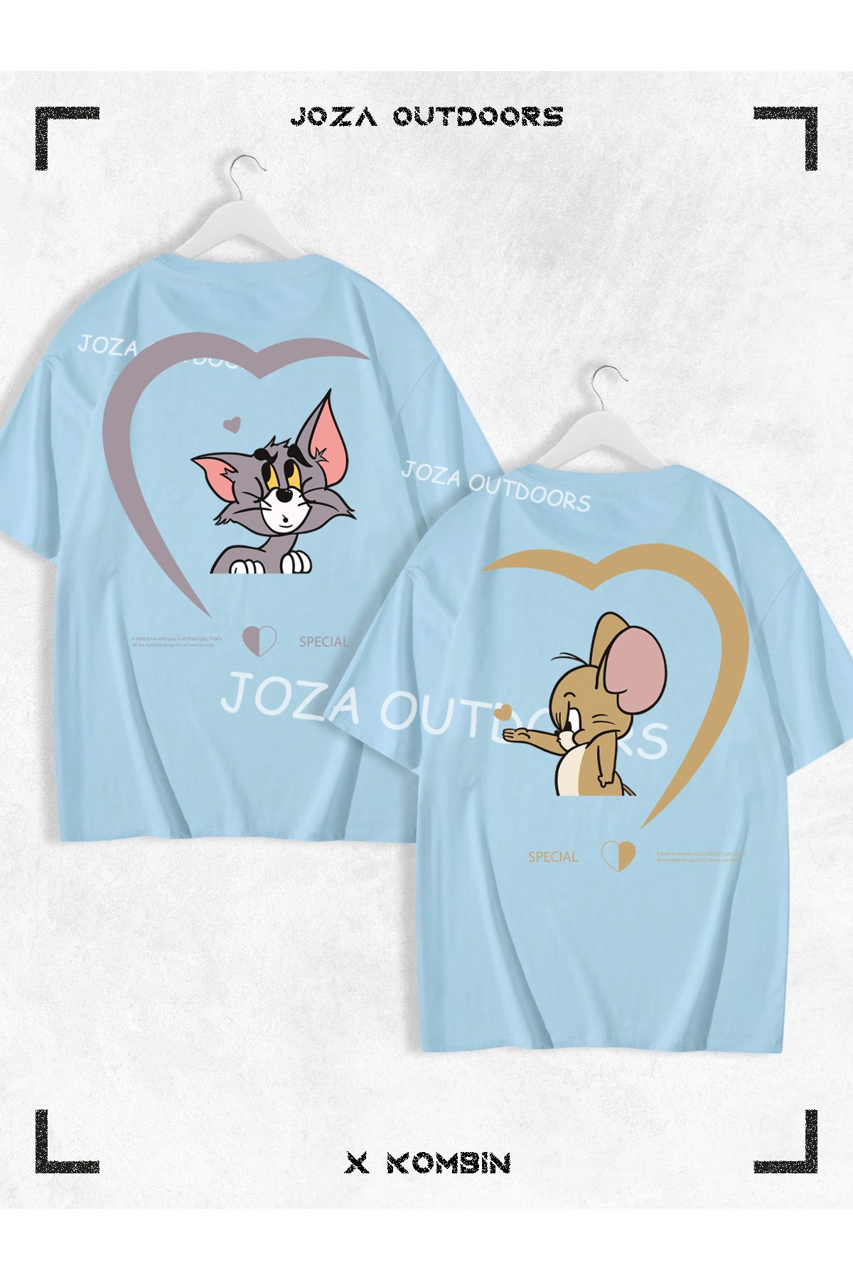 Joza Outdoors Kadın Erkek Kalp Tom ve Jerry SIRT Baskılı Sevgili Çift Kombini Oversize Renkli Tshirt 2'li Takım