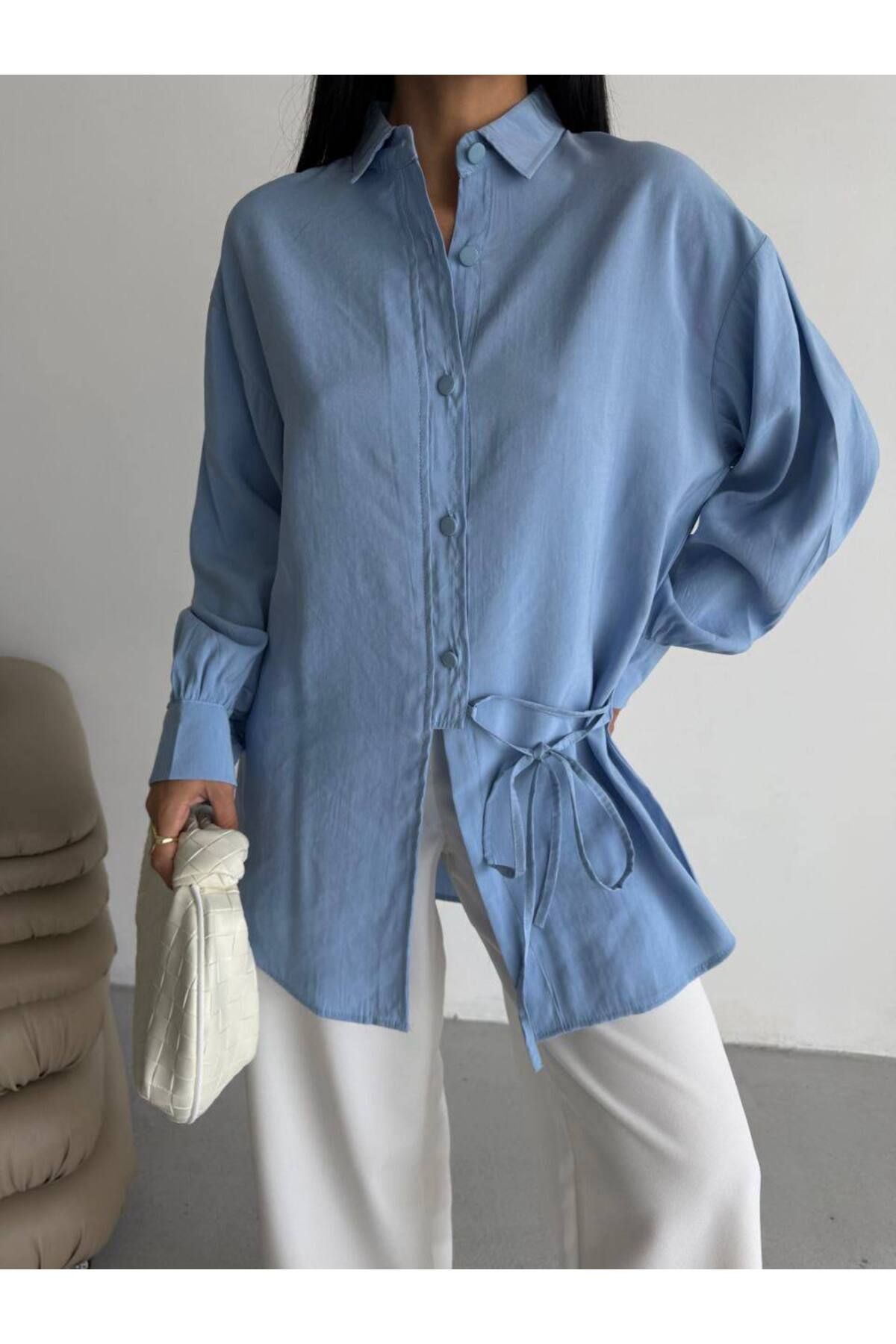 PİNK FLY Yandan Bağlamalı Oversize Uzun Kollu Gömlek