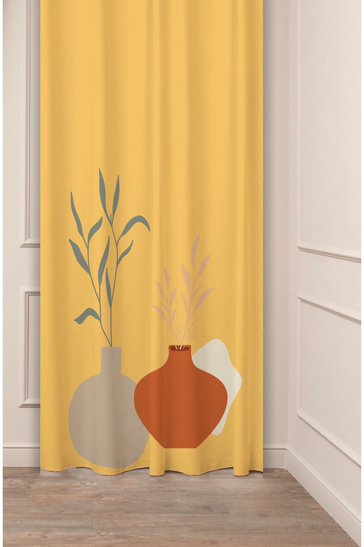 GREENDECOR Çiçek Vazo Bohem Minimalist Bej Desenli Özel Tasarım Dijital Baskılı (Tek Kanat) Modern Fon Perde