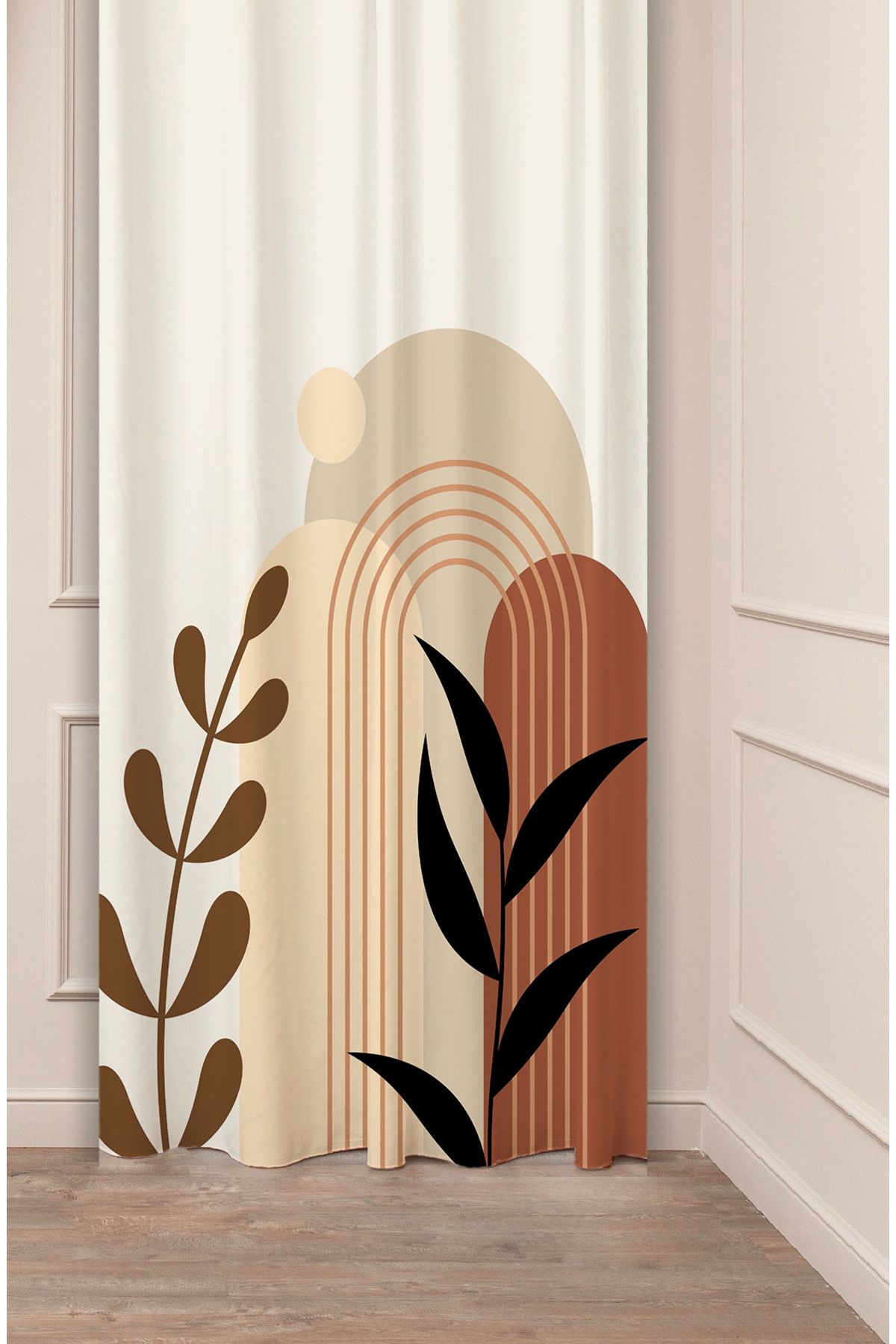 GREENDECOR Yaprak Bohem Minimalist Bej Krem Desenli Özel Tasarım Dijital Baskılı (Tek Kanat) Modern Fon Perde