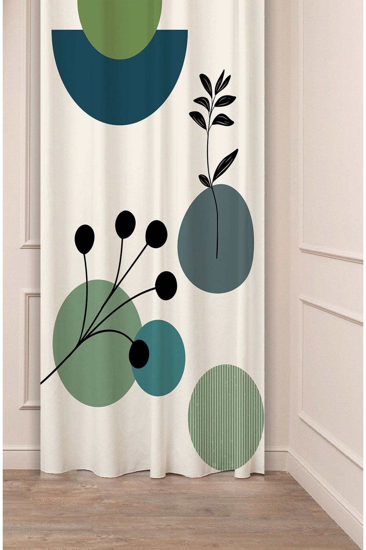GREENDECOR Yaprak Bohem Minimalist Bej Krem Desenli Özel Tasarım Dijital Baskılı (Tek Kanat) Modern Fon Perde