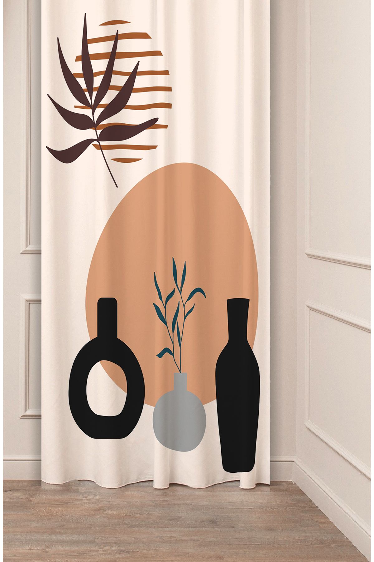 GREENDECOR Yaprak Vazo Bohem Minimalist Bej Desenli Özel Tasarım Dijital Baskılı (Tek Kanat) Modern Fon Perde