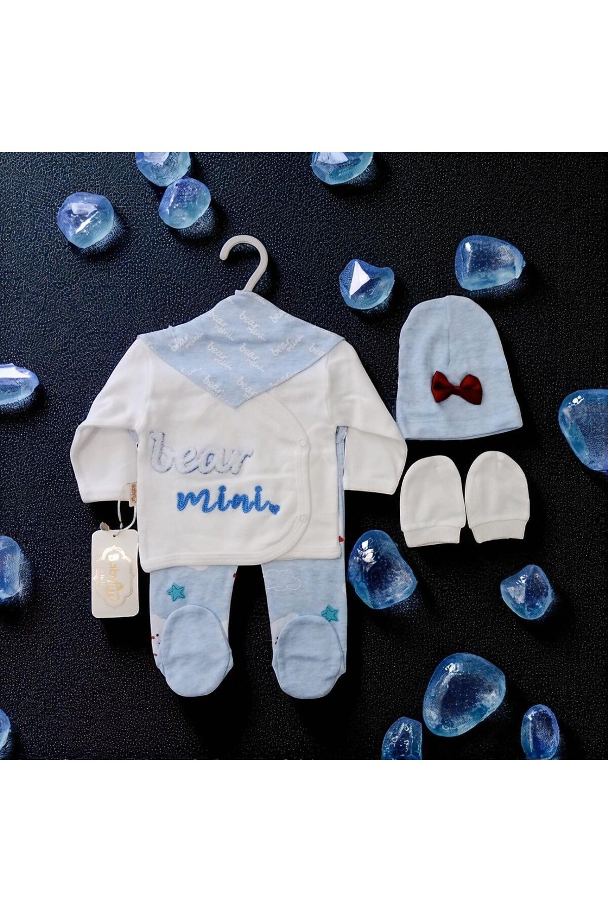 Bublykids Yeni Doğan 5 li Hastane Çıkışı Yeni Doğan Takım Ayıcık Fiyonk Detaylı Mavi Bebek Takım