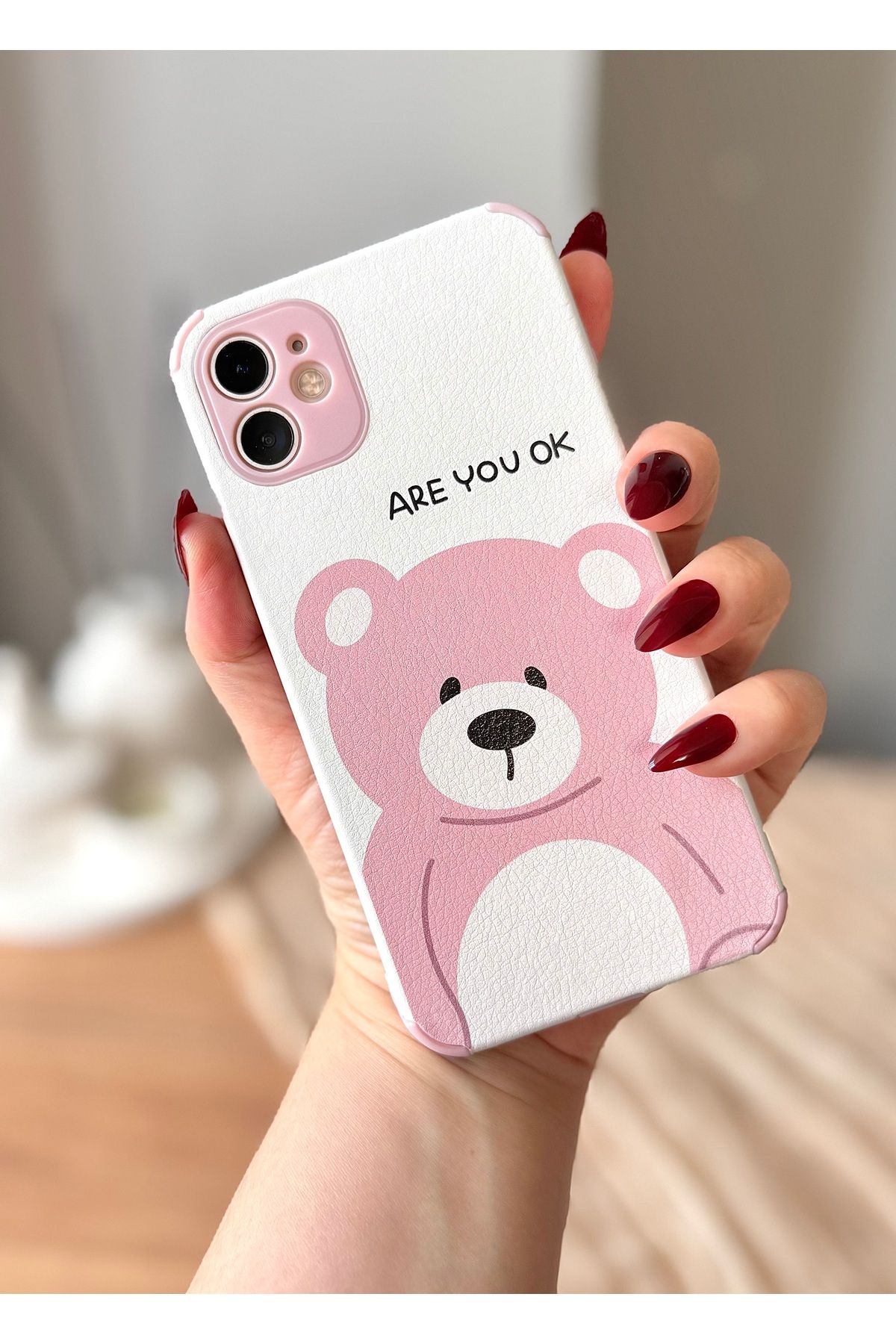 MirazTasarim IPHONE 11 PEMBE/BEYAZ AYICIK DESENLİ DERİ GÖRÜNÜMLÜ KILIF