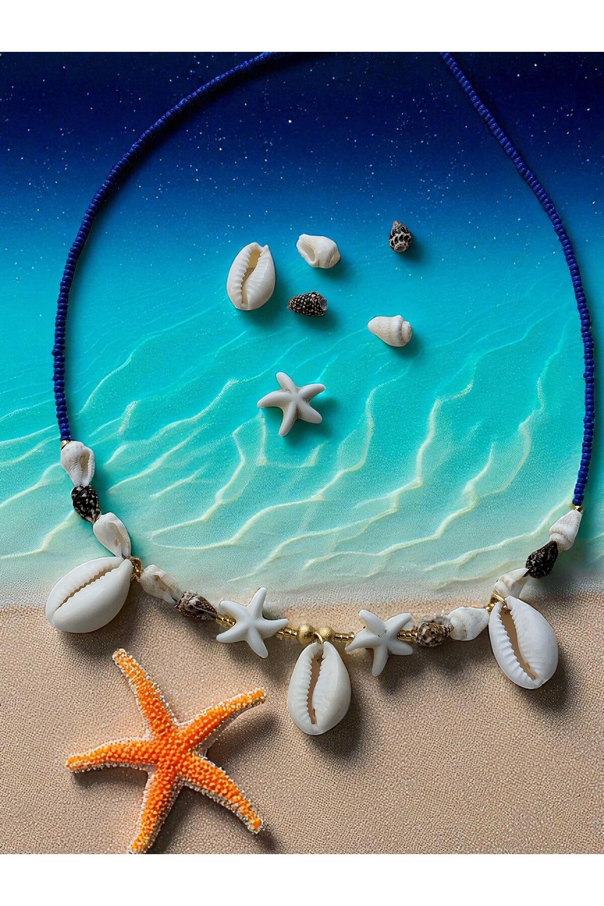 Amabel Jewelerys Midye Kabuğu ve Deniz Yıldızı Detaylı Yaz Tatili Büyüsü Lacivert Kum Boncuk Kadın Kolye
