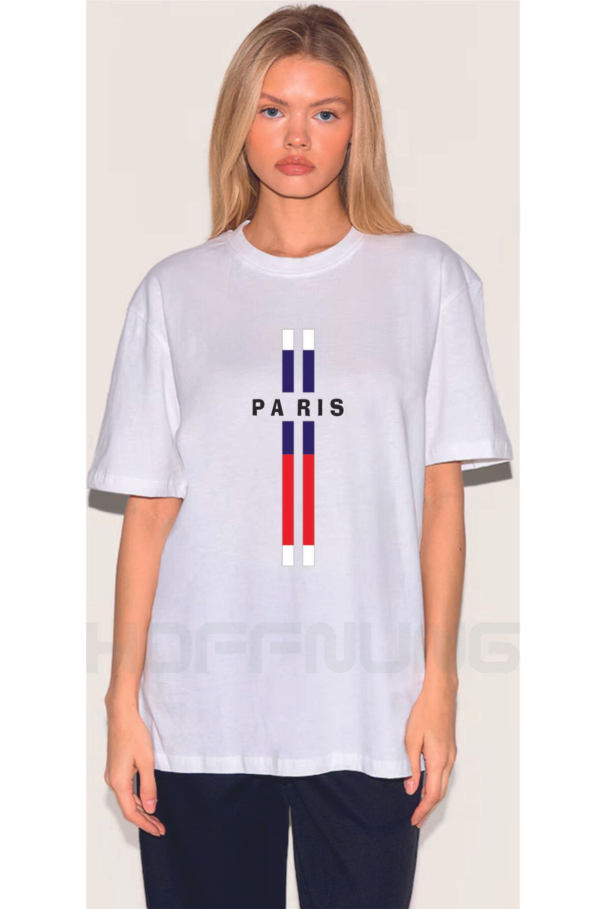 HOFFNUNG T SHIRT Kadınlar İçin oversize PARIS 2 STRIPS Boy Nefes Alabilen Düşük Omuzlu Tişört