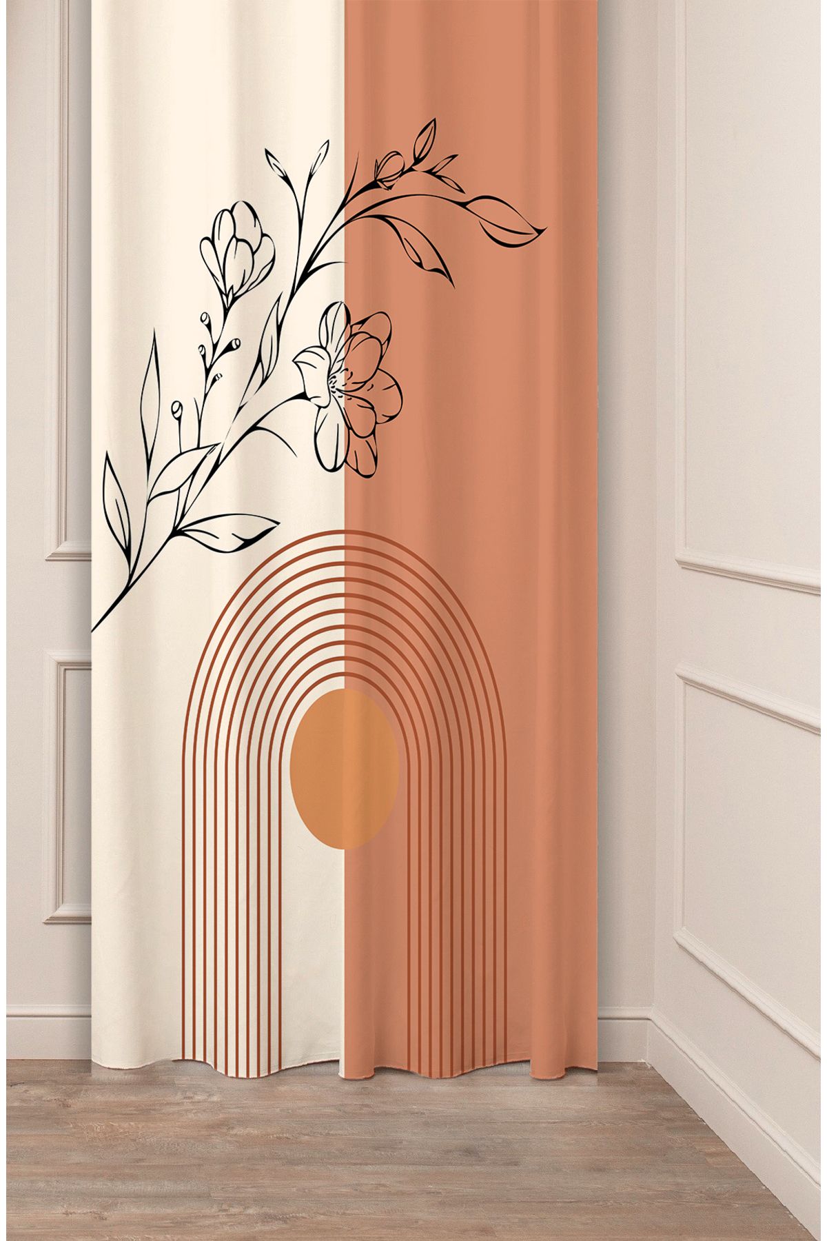GREENDECOR Çiçek Bohem Minimalist Bej Krem Desenli Özel Tasarım Dijital Baskılı (Tek Kanat) Modern Fon Perde
