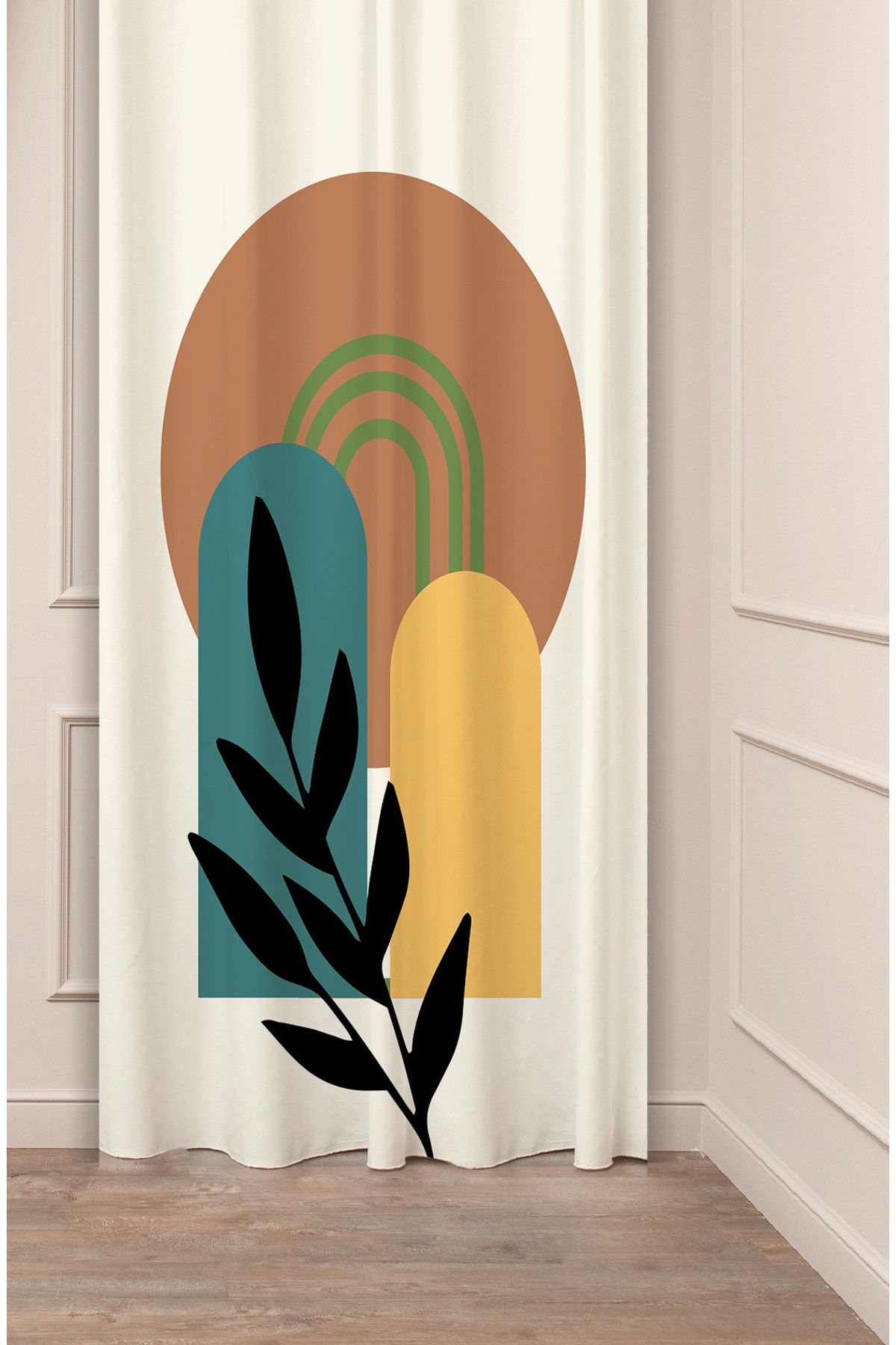GREENDECOR Yaprak Bohem Minimalist Bej Krem Desenli Özel Tasarım Dijital Baskılı (Tek Kanat) Modern Fon Perde