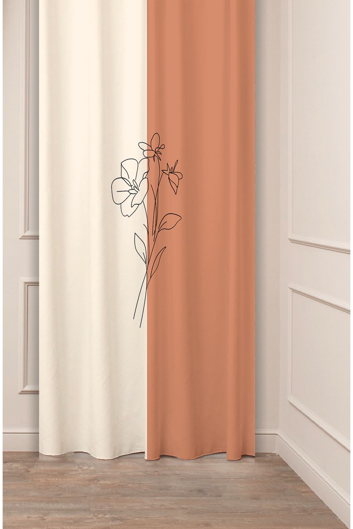 GREENDECOR Çiçek Bohem Minimalist Bej Krem Desenli Özel Tasarım Dijital Baskılı (Tek Kanat) Modern Fon Perde