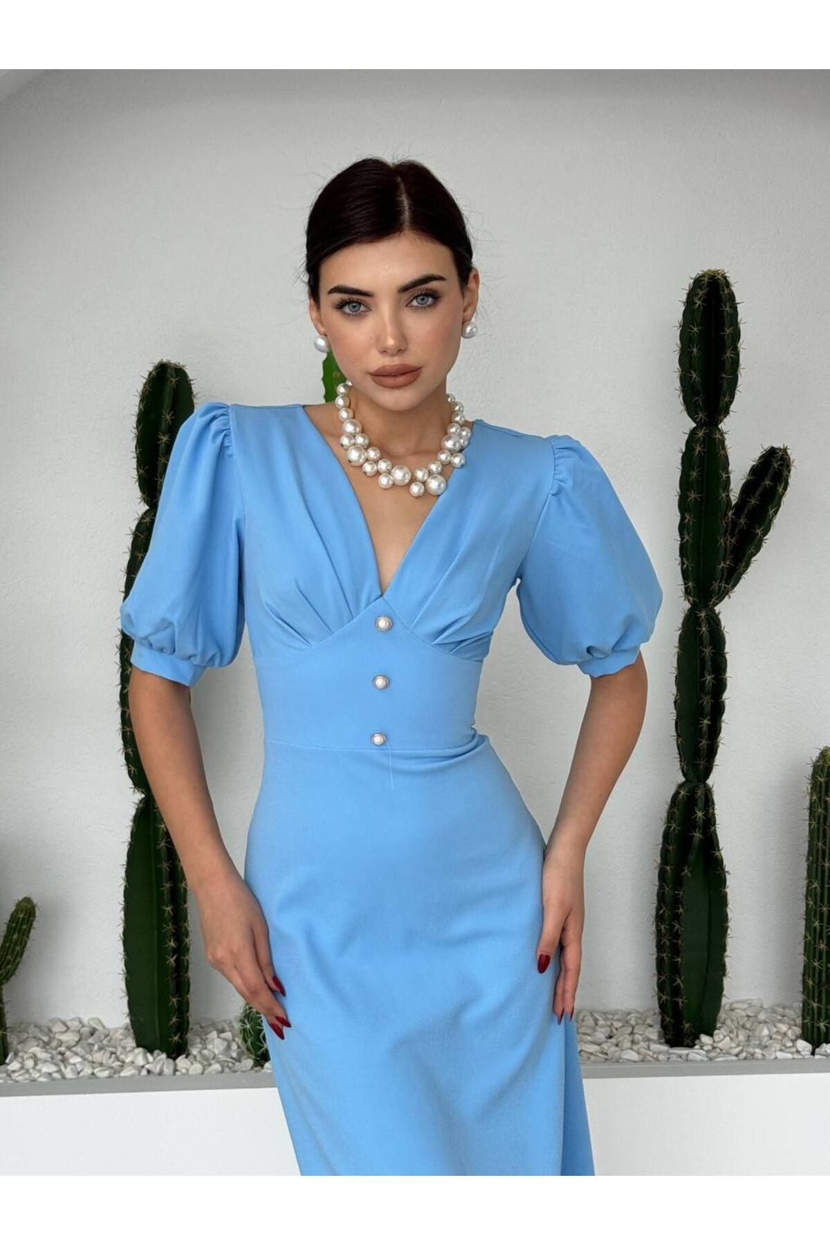 ETİKAFASHION Karpuz Kol Düğmeli V Yaka Midi Elbise