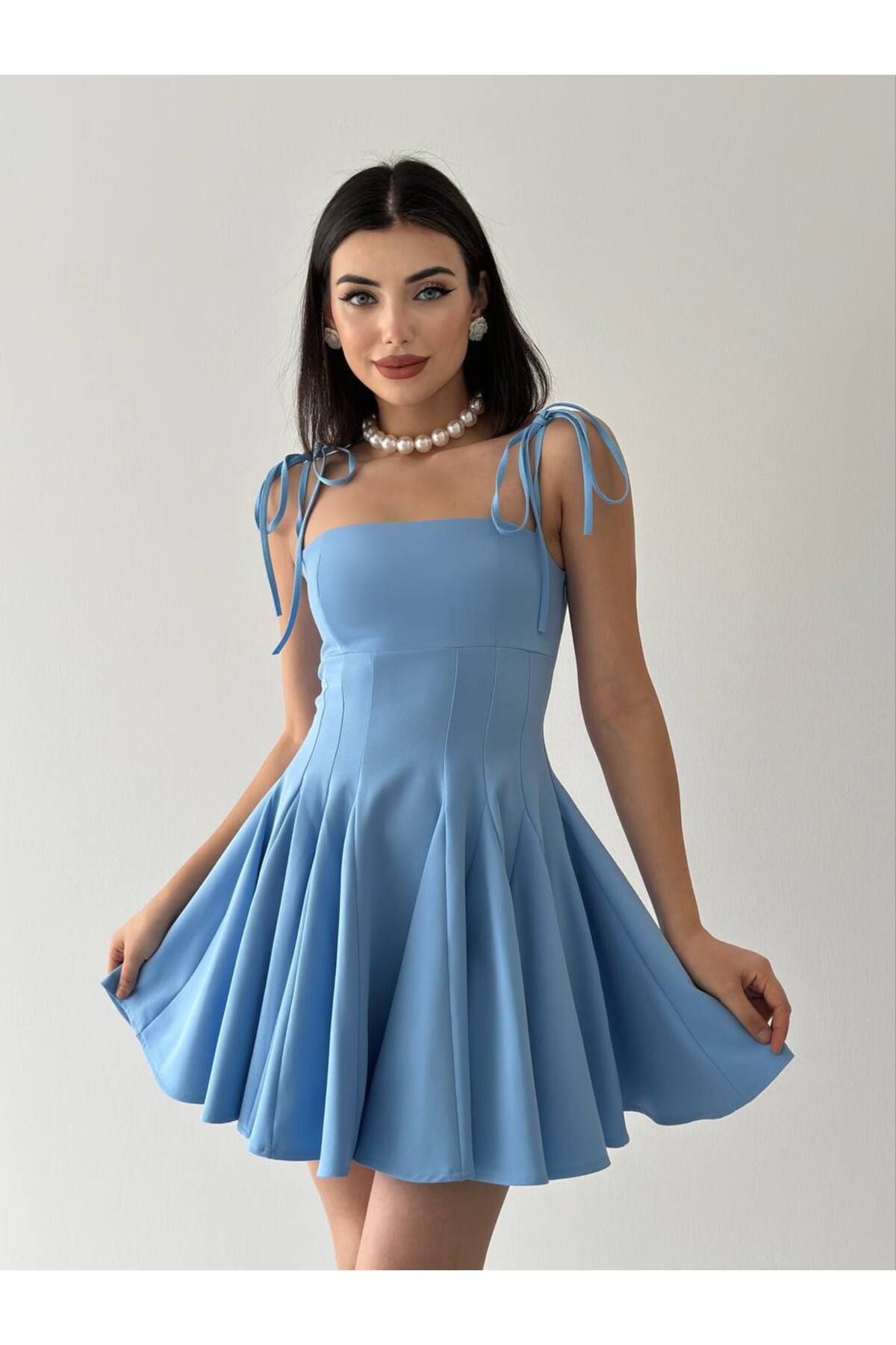 ETİKAFASHION İp Askılı Kloş Mini Elbise