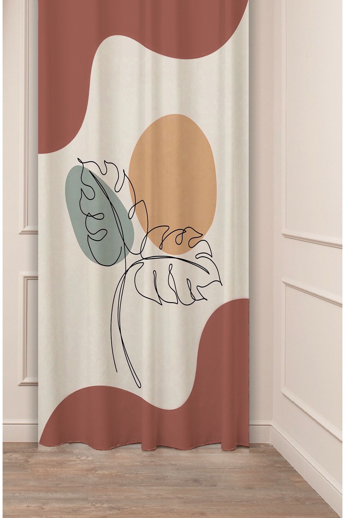 GREENDECOR Yaprak Bohem Minimalist Bej Krem Desenli Özel Tasarım Dijital Baskılı (Tek Kanat) Modern Fon Perde