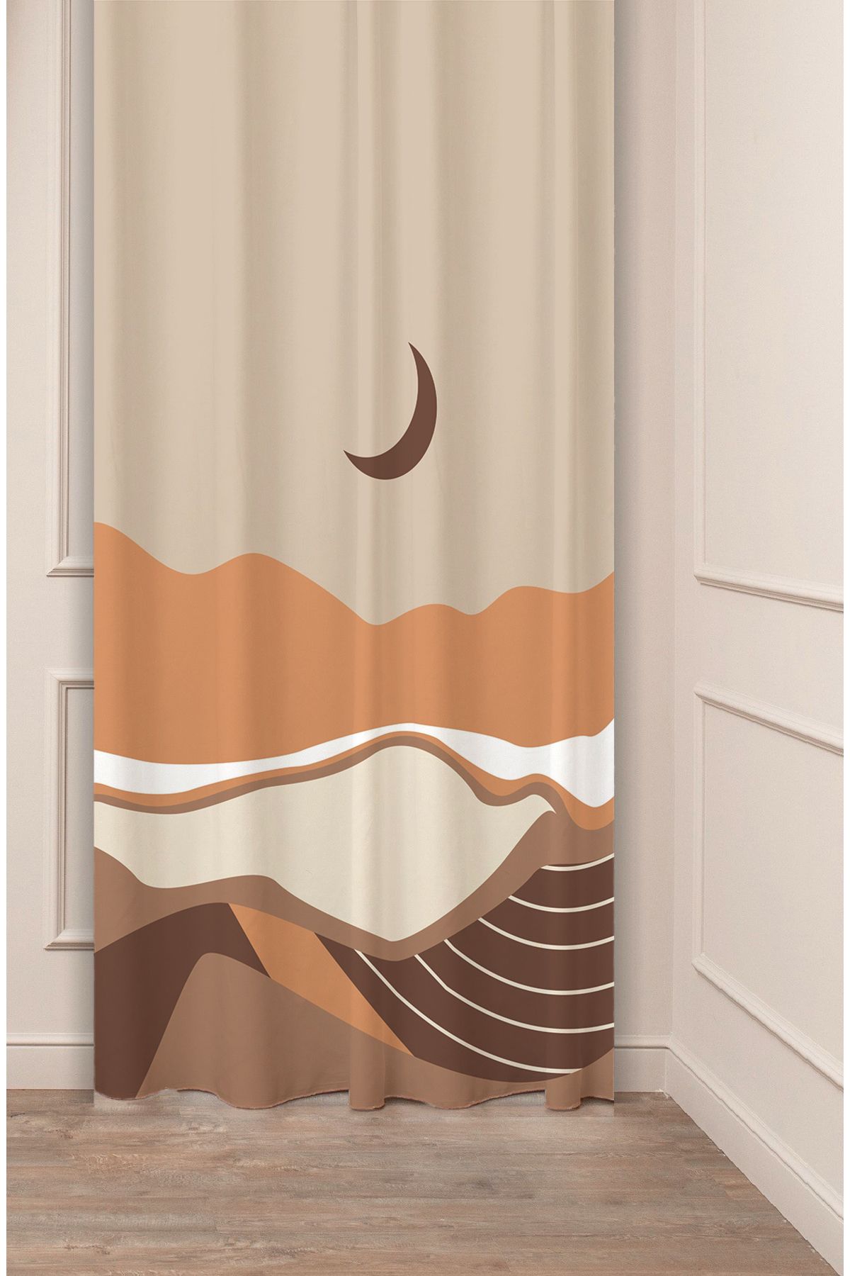 GREENDECOR Bohem Çöl Ay Bej Krem Soft Pastel Desenli Özel Tasarım Dijital Baskılı (Tek Kanat) Modern Fon Perde