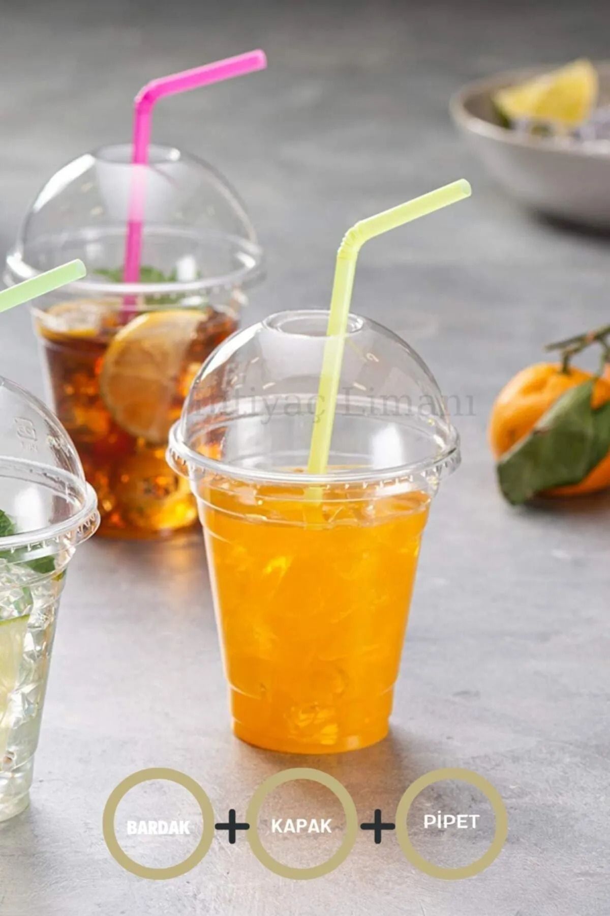 Ayliz Plast & Ambalaj 350 cc Kapaklı Pipetli Plastik Bardak 100’lü Pet Bardak Limonata Soğuk İçecek Milkshake Bardağı