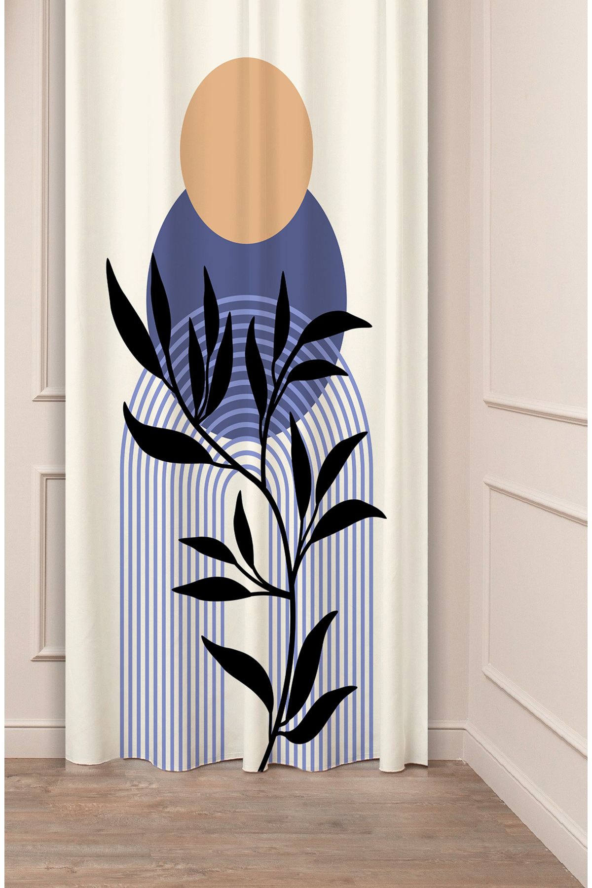 GREENDECOR Yaprak Bohem Minimalist Bej Krem Desenli Özel Tasarım Dijital Baskılı (Tek Kanat) Modern Fon Perde