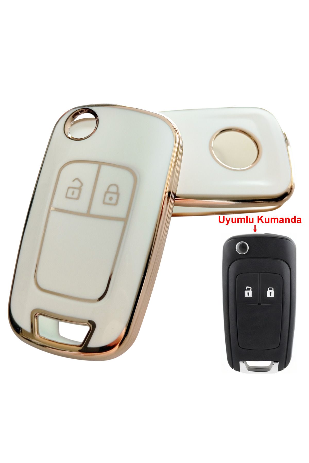 Kasey Opel Astra J Insignia Chevrolet Cruze Uyumlu Kumanda Anahtar Kılıfı Oto Anahtarlık Beyaz Gold