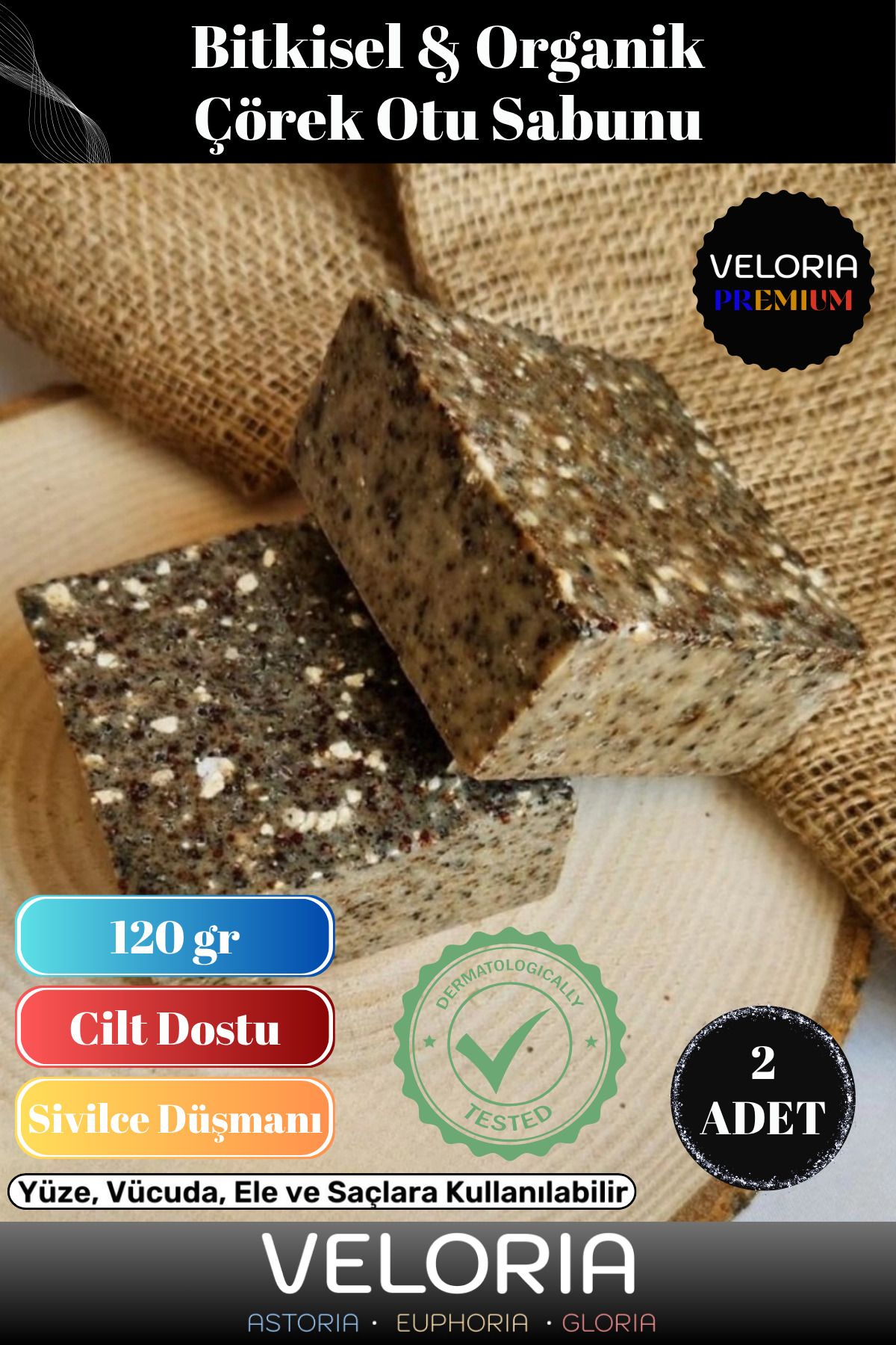 Veloria Premium Seri %100 Doğal Organik Yüz Saç Vücut Cilt Dengeleyici Güzel Kokulu Çörek Otu Sabunu 2 Adet