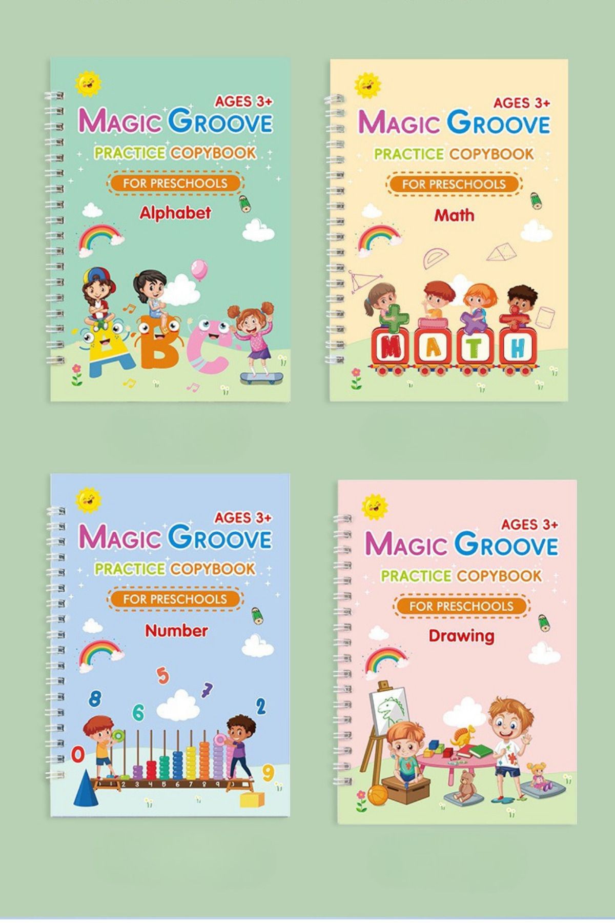 motossori 4 Kitap + 5 Yedek + Tutacaklı Sihirli Yazı Defteri Seti* Yeniden Kullanılabilir + Pembe Kalem