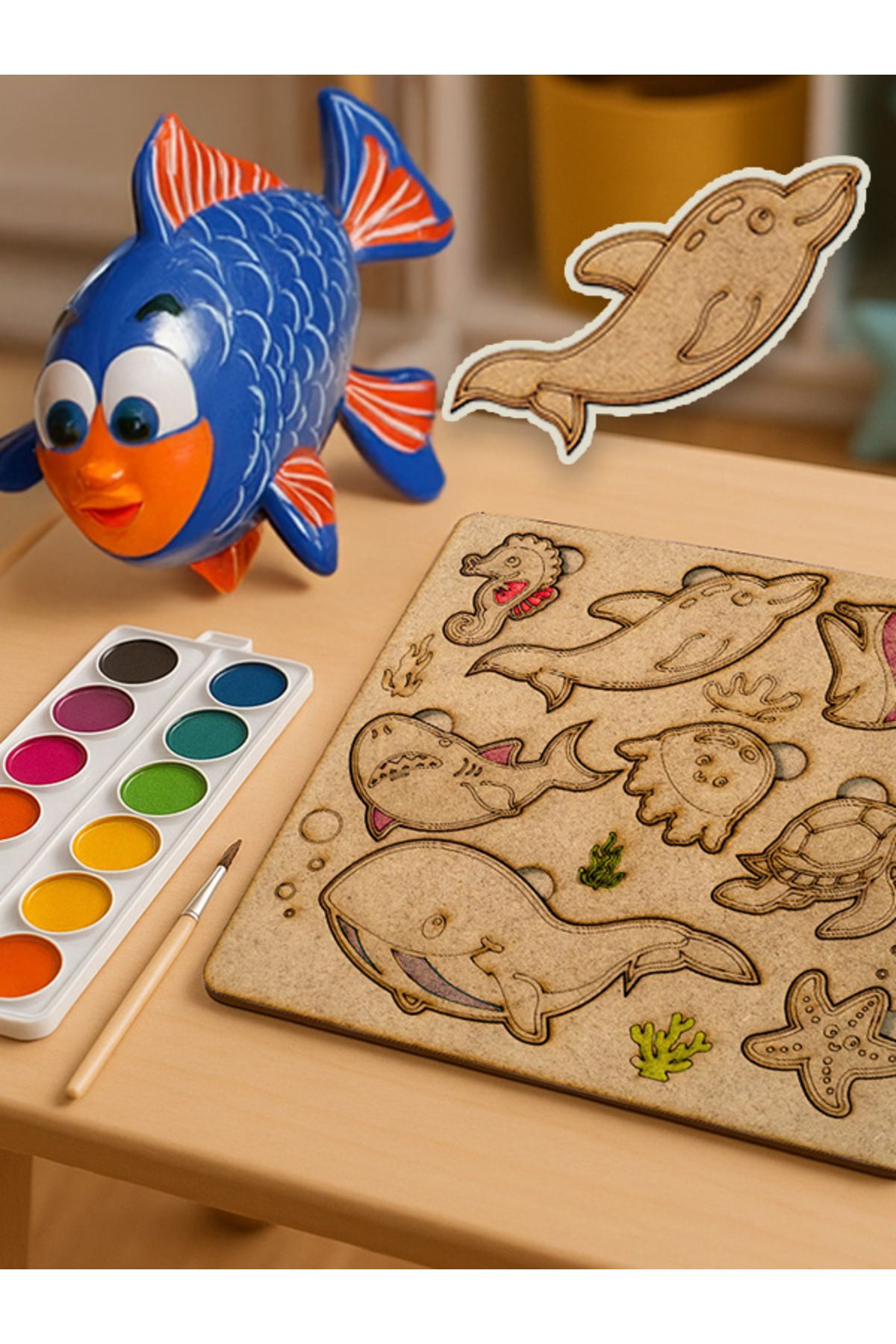 Premium Ant Balık Temalı Ahşap Boyanabilir Puzzle Aktivite Oyunu