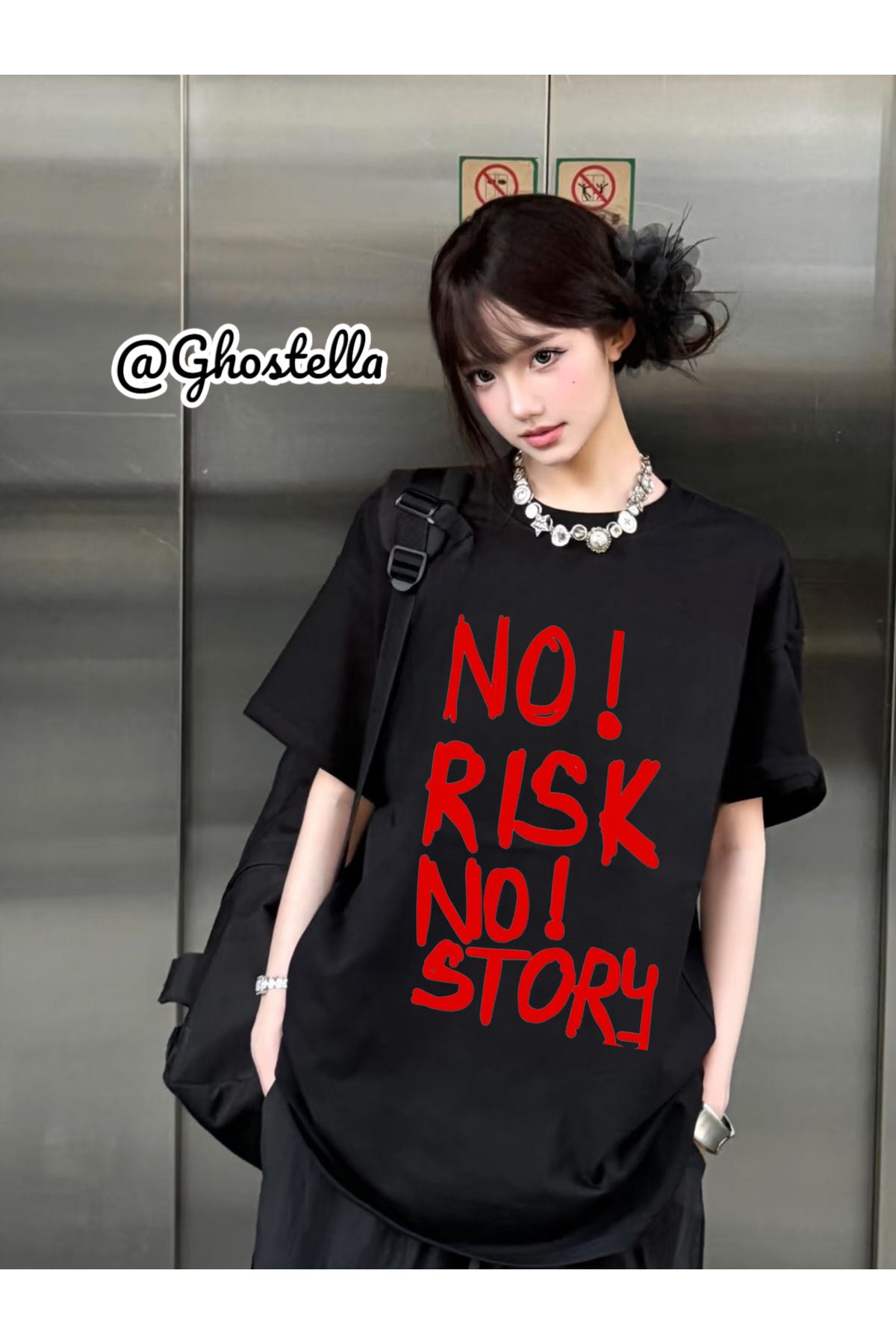 Minga London Siyah No Risk No Story Baskılı Oversize Unisex Tshirt - Ghostella