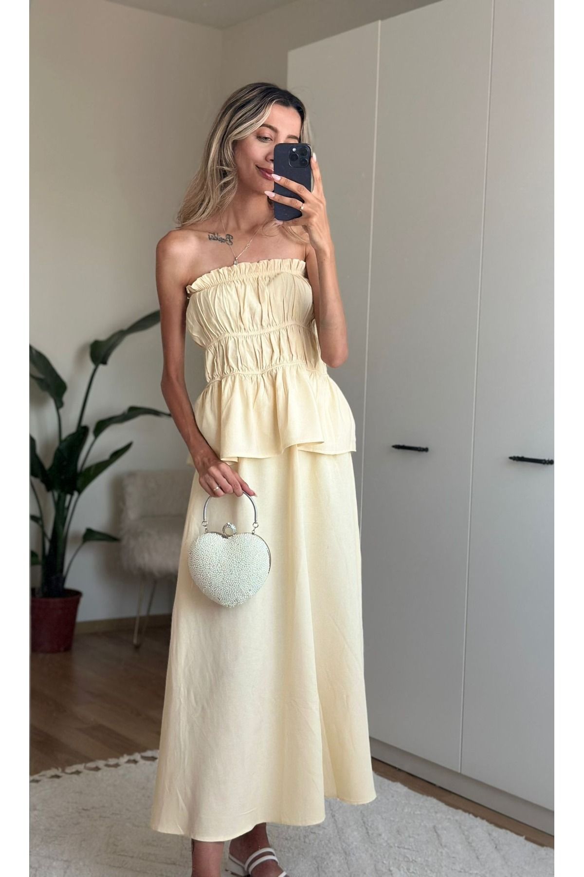 MODA Sarı Gipeli Etek Bluz Takım