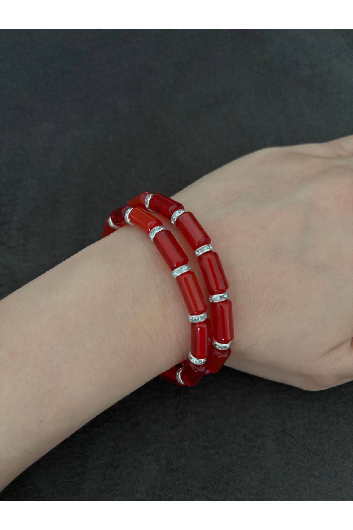 Sema artdesign Kırmızı Taşlı Cam Unisex Bileklik 2’li
