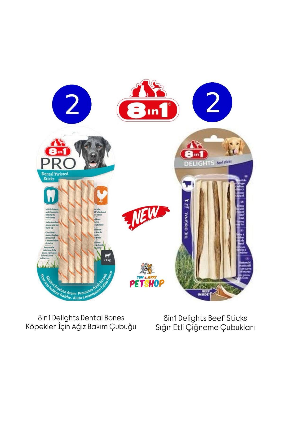 8in1 Delights Bones Biftekli Köpekler Için Sticks(2) /Dental Twisted Sticks Tavuklu Ağız Bakım Kemiği (2)