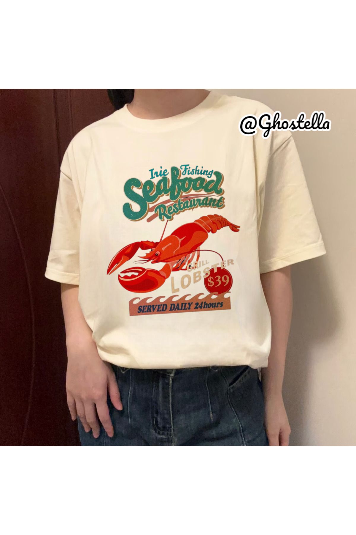 Minga London Bej Sea Food Baskılı Oversize Unisex Tshirt - Ghostella