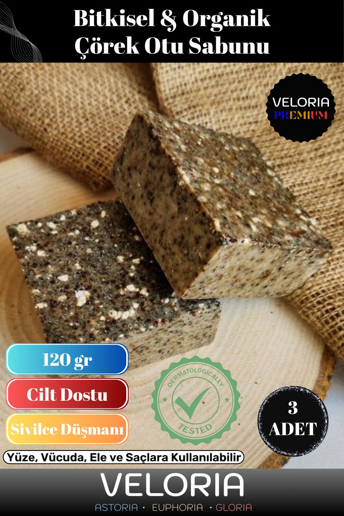 Veloria Premium Seri %100 Doğal Organik Yüz Saç Vücut Cilt Dengeleyici Güzel Kokulu Çörek Otu Sabunu 3 Adet