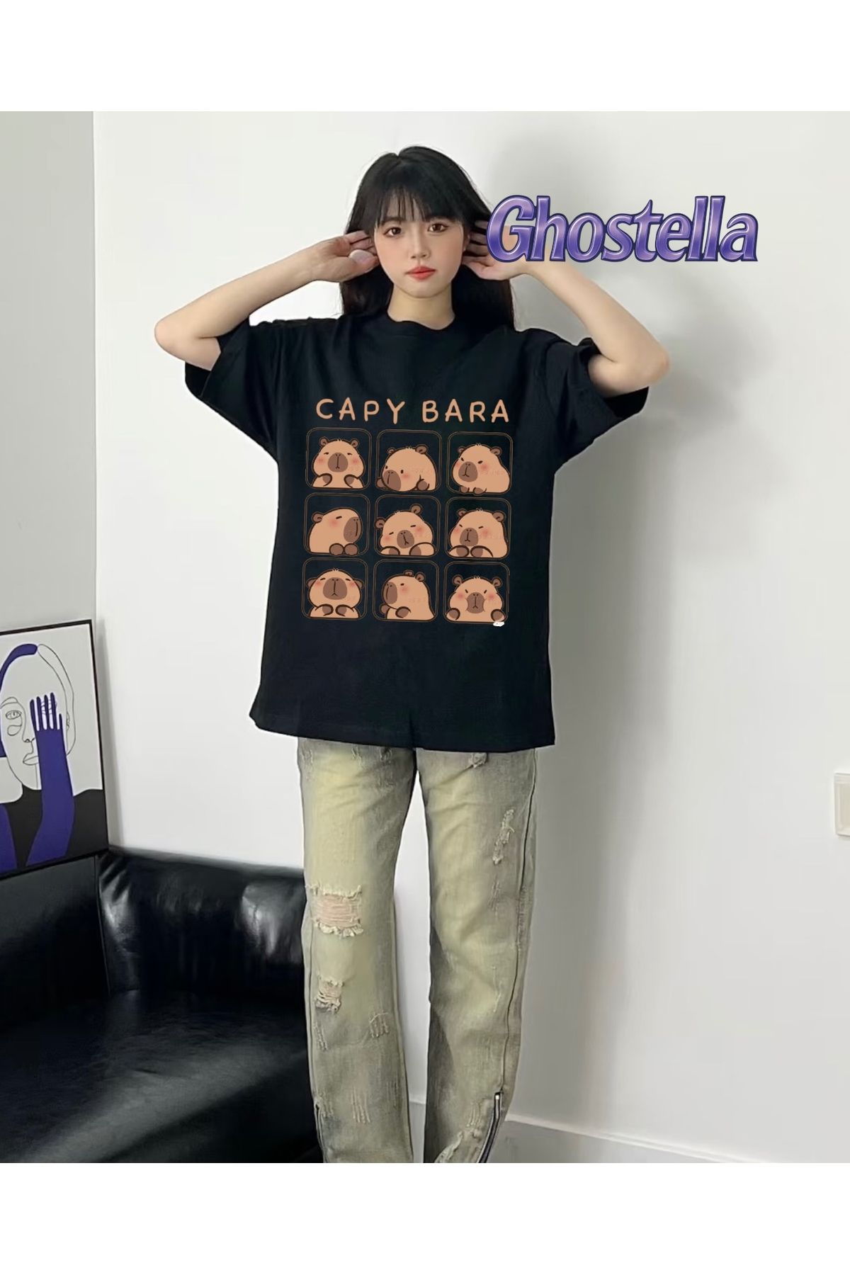 Minga London Siyah Capybara Collage Baskılı Oversize Unisex Tshirt - Ghostella