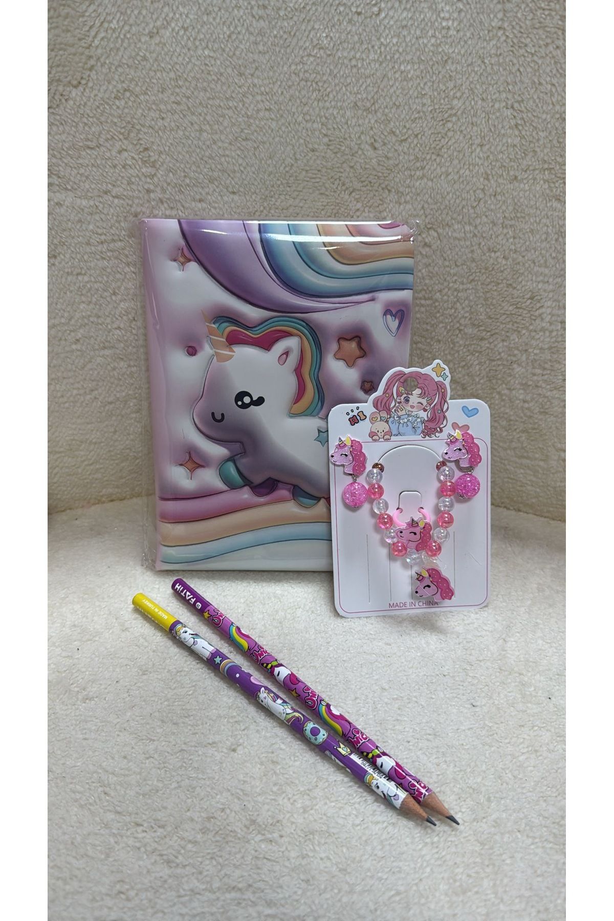 BUCHE Unnicornn Defter Kalem Küpe Kolye Yüzük Hediye Seti