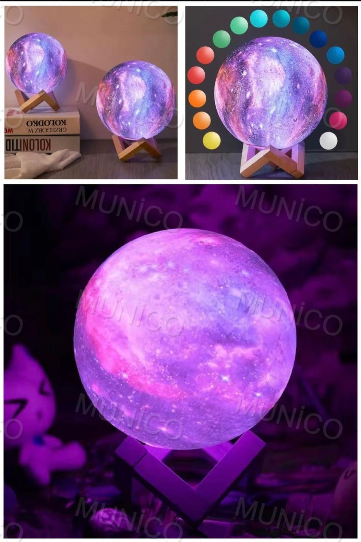 Munico Gece Lambası Galaksi Işığı Yıldız Işığı Dokunmatik Kumandalı Pilli Fişli Bebek Işığı Ahşap Standlı