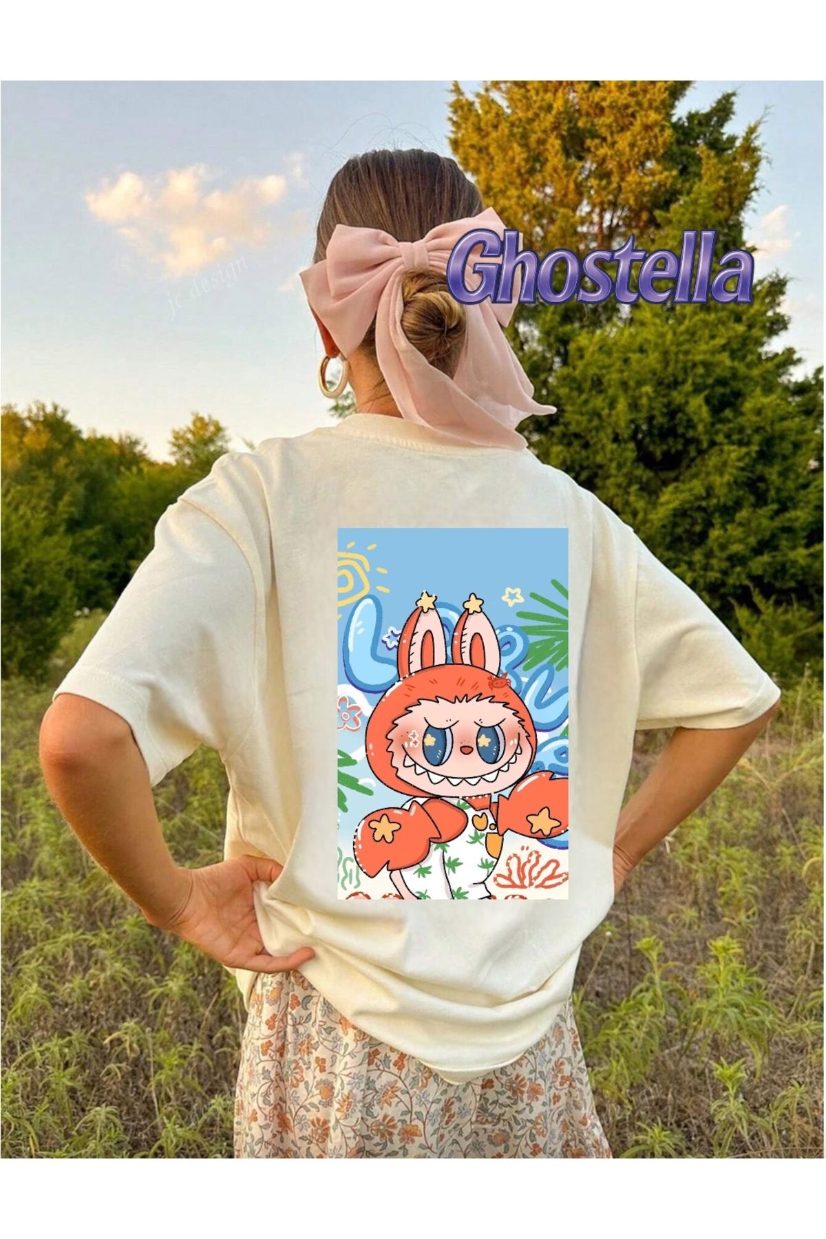 Minga London Bej Labubu Crab Costume Baskılı Oversize Unisex Tshirt - Ghostella