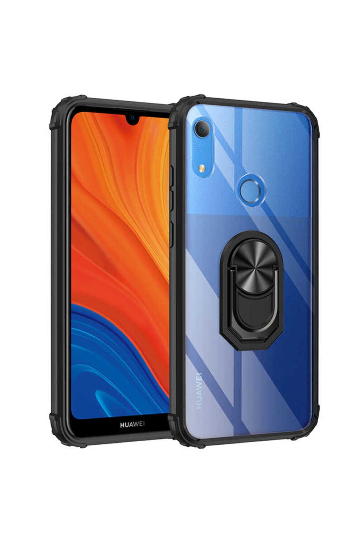 halkhouse Huawei Y6S 2019 Kılıf Sert Silikon Dayanıklı Şeffaf Renkli Yüzüklü Mola Kapak