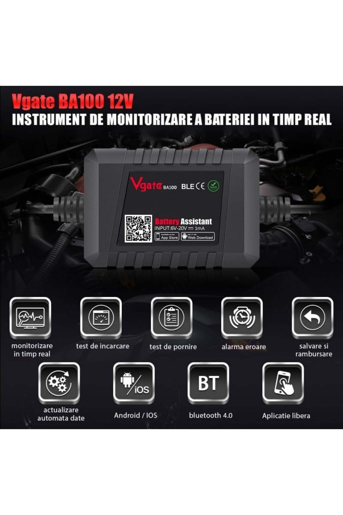 Vgate-Bluetooth tester for car battery monitoring Vgate BA100 6V-20V compatible IOS / Android 6
