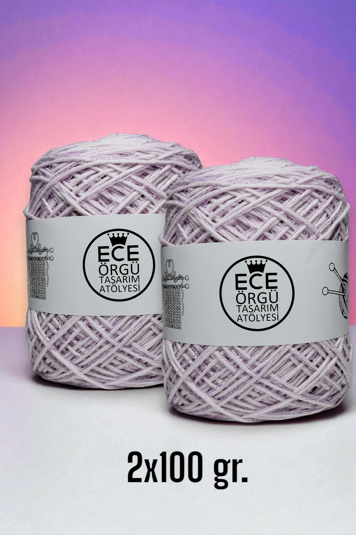 Ece Örgü Tasarım Atölyesi Açık lila rengi bükümlü bambu koton arasına lila rengi sim karışımı örgü ipi (200 gr.)