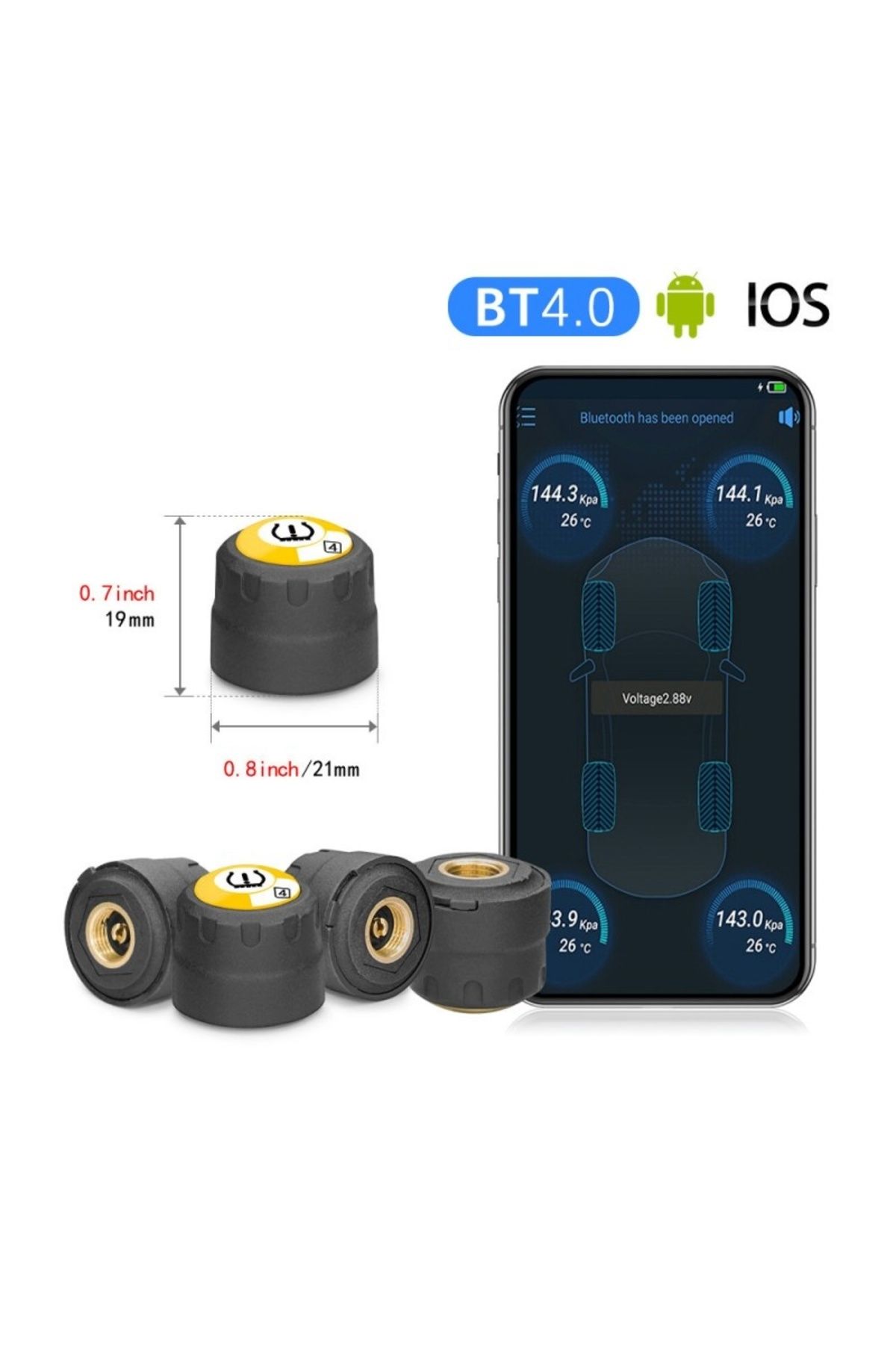 TECHSTAR-Tire Pressure Monitoring System, BLE TPMS Bluetooth 4.0 for iOS / Android, external sensors 4