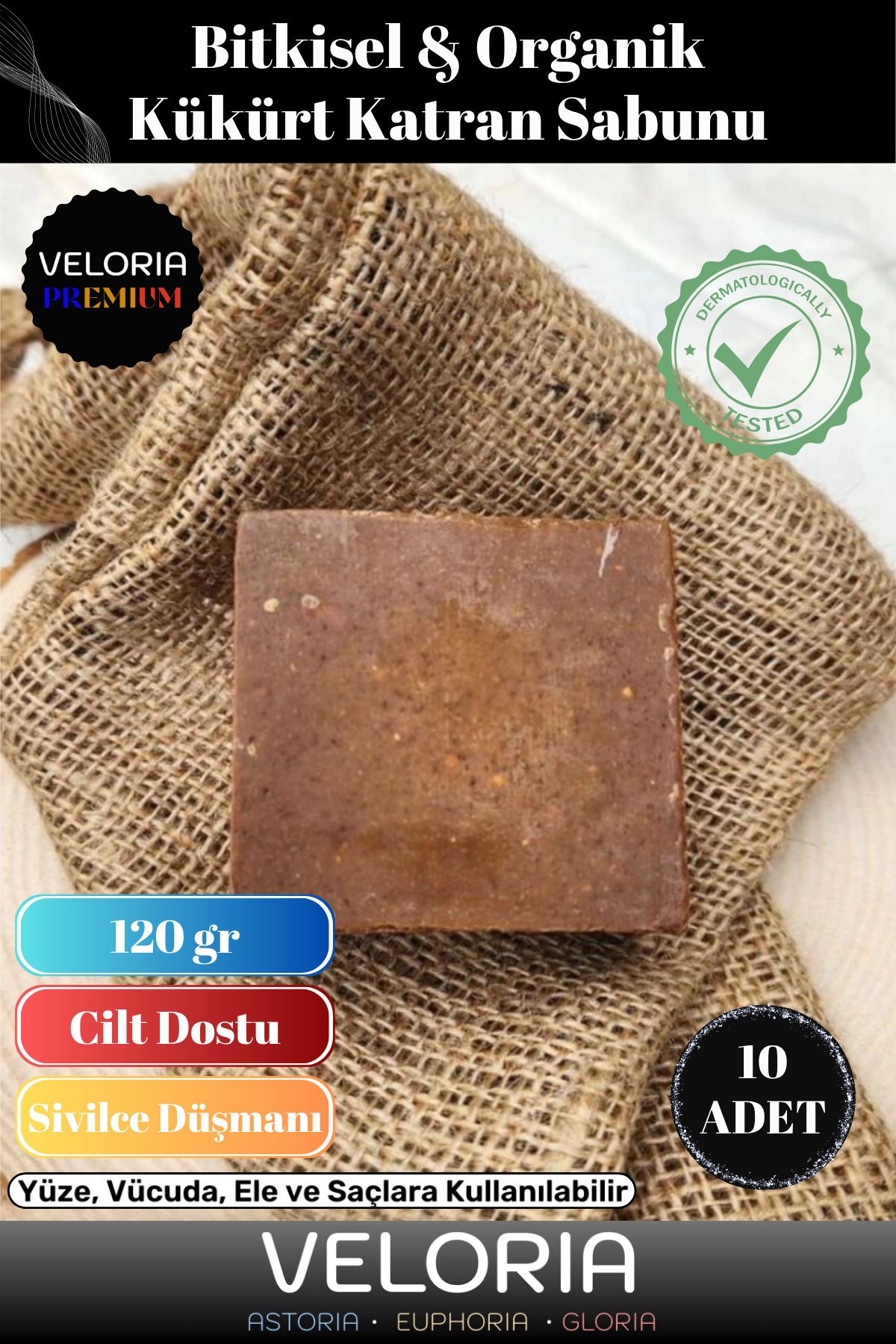 Veloria Premium %100 Doğal Organik Yüz Saç Vücut Cilt Dengeleyici Güzel Kokulu Kükürt Katran Sabunu 10 Adet