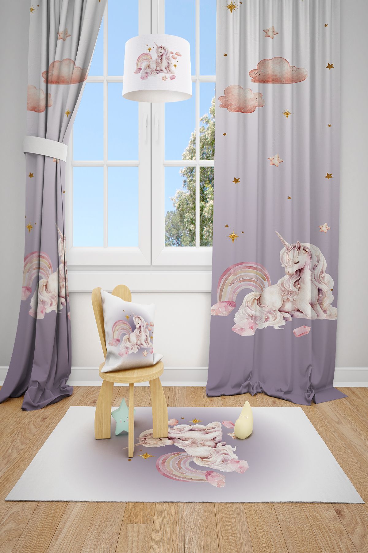 Talia Home Mor Unicorn Desenli Çocuk Odası 2 KANAT Fon Perde TLA-321