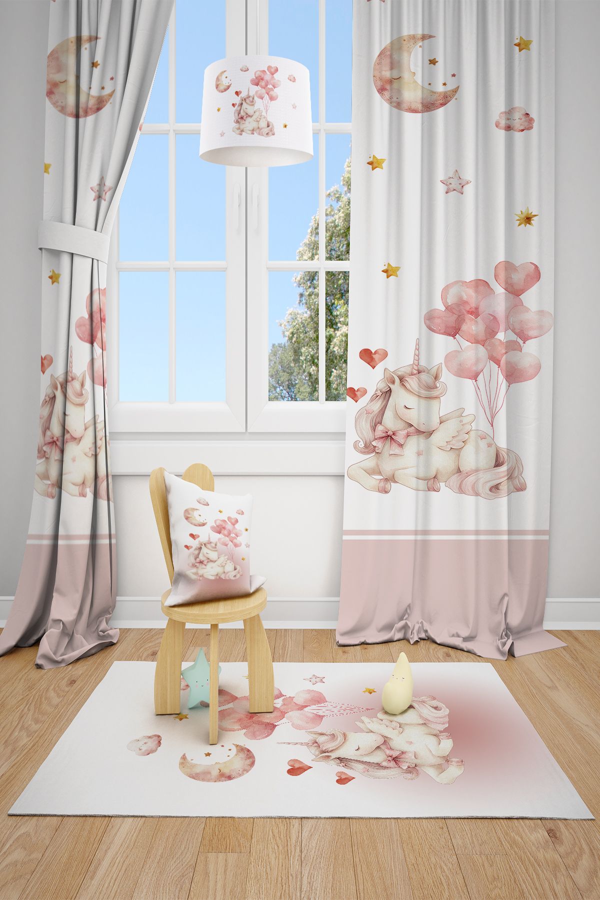 Talia Home Geçişli Unicorn Desenli Çocuk Odası 2 KANAT Fon Perde TLA-322
