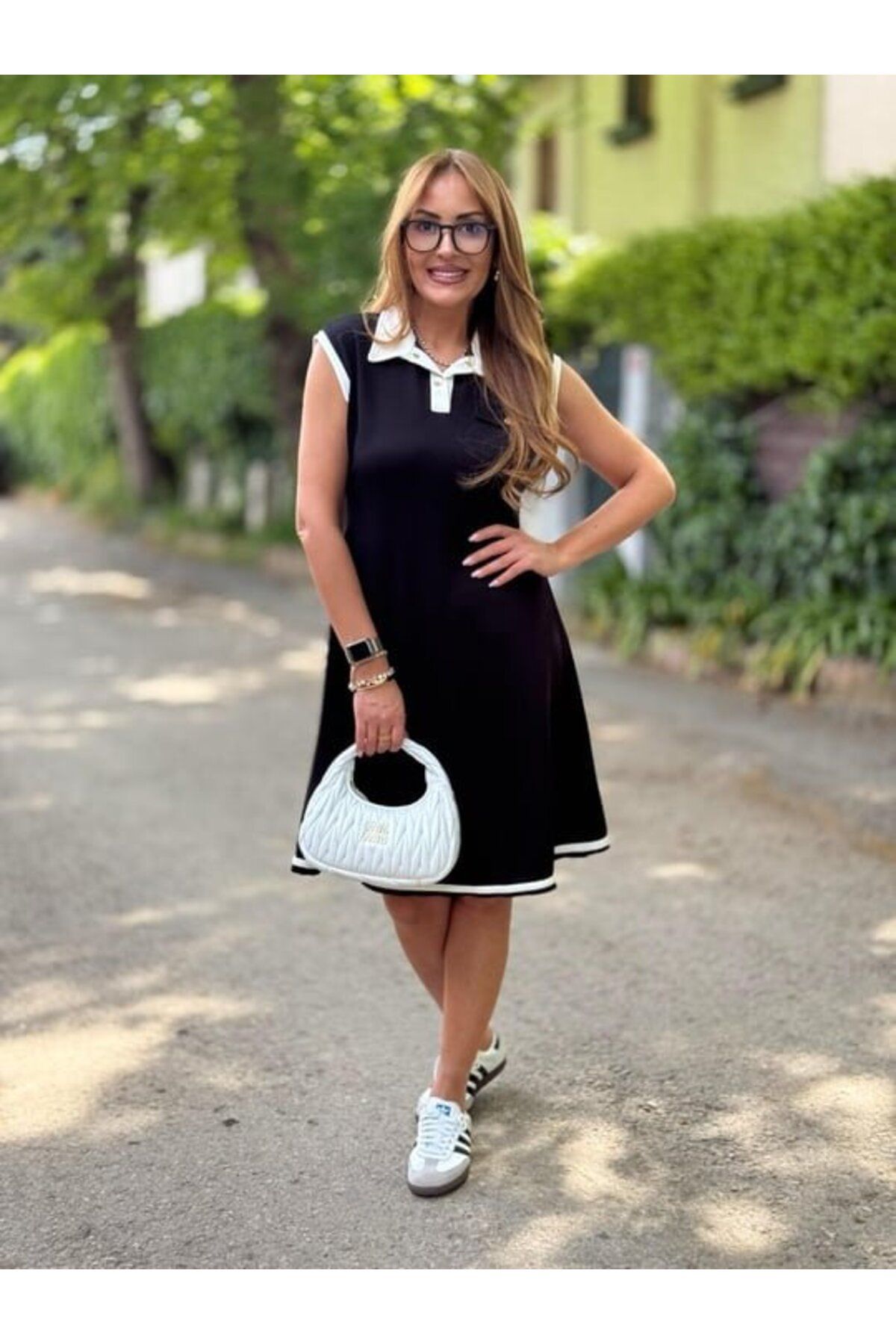velmorafashion Kadın Ribana Detaylı Sıfır Kol Midi Boy Elbise