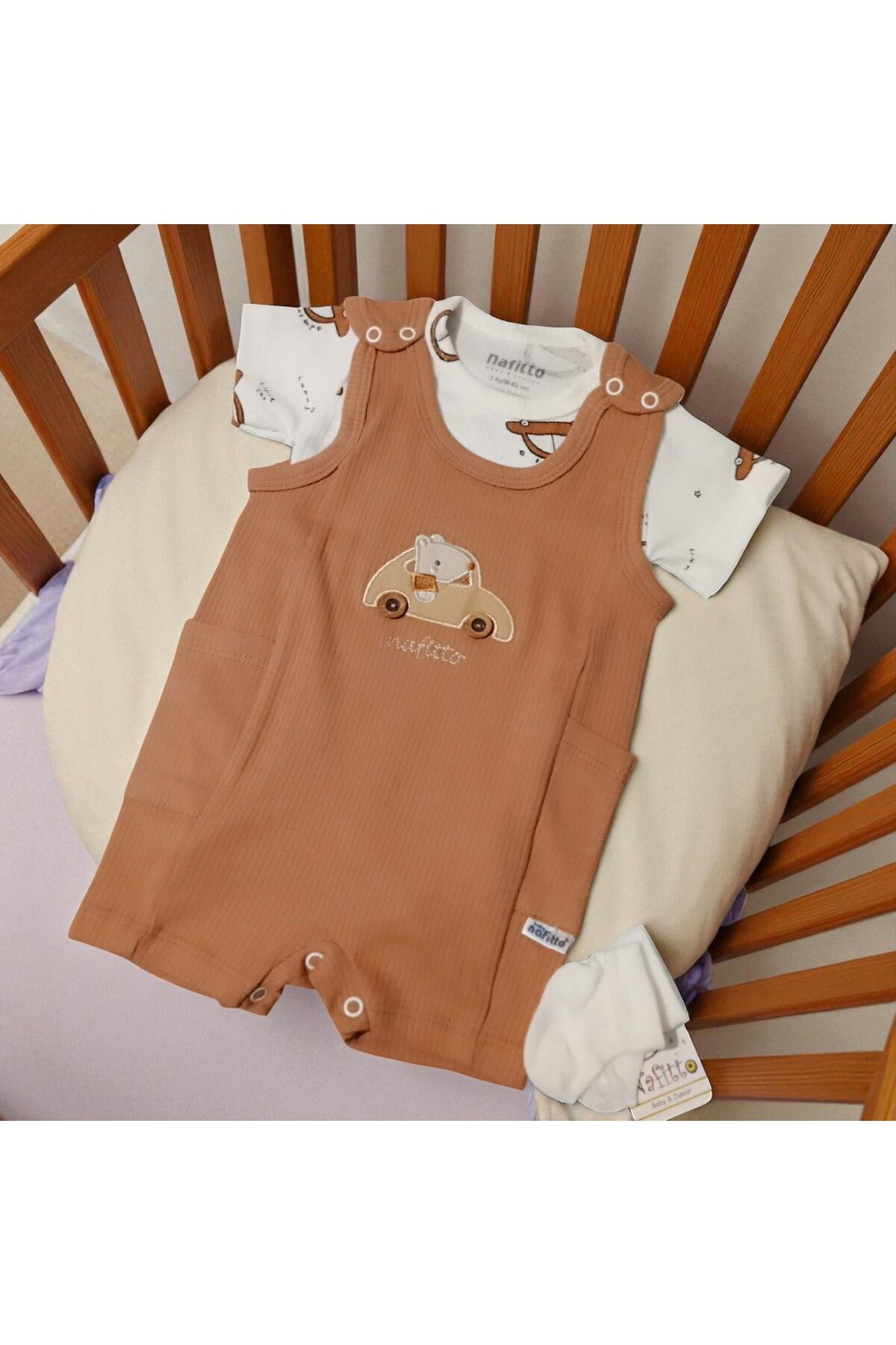 Bublykids kahverengi Araba Baskılı Kısa Tulum Cepli Tulum takımı Kahverengi 3lü Zıbınlı Kısa Tulum Takımı