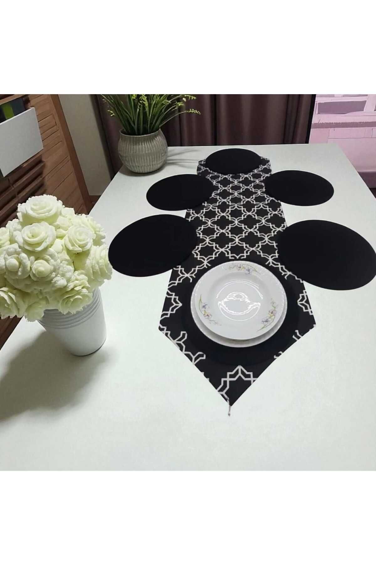 AYŞEM Siyah 1Adet Runner, 6 Adet Siyah Sülple Siyah Renk 145x40